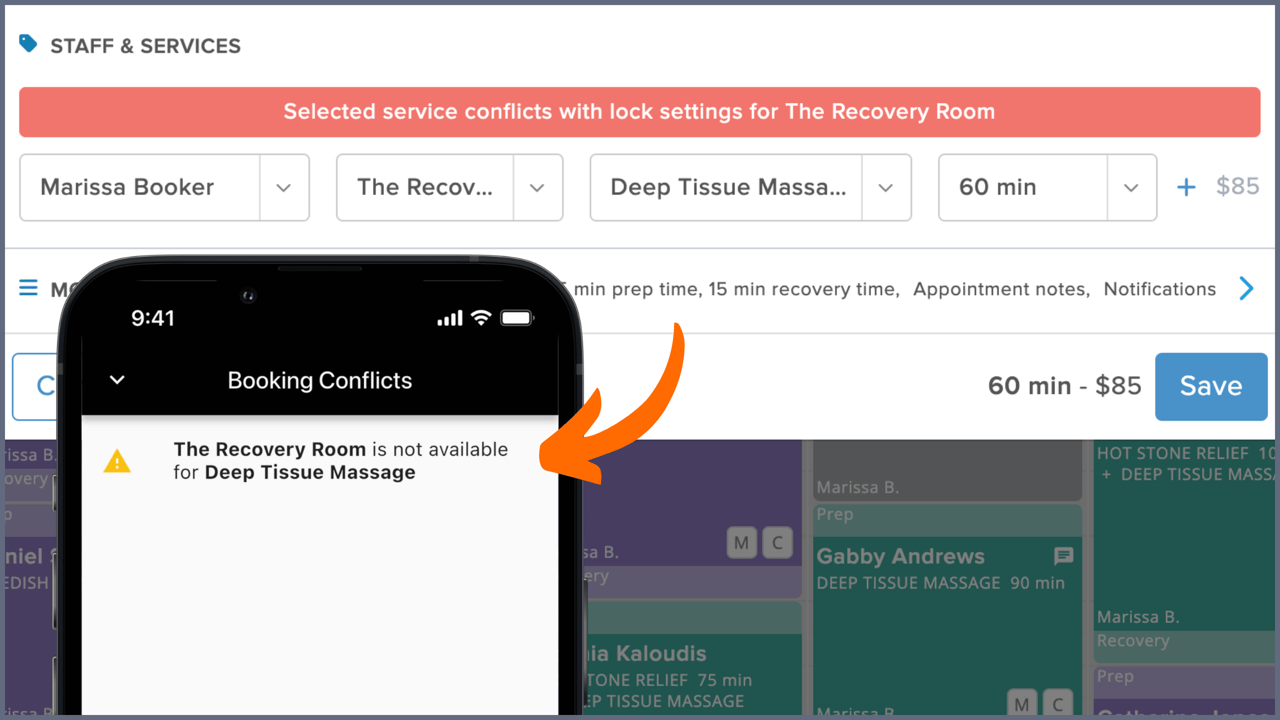 Desktop and mobile app screenshots of room locking conflict