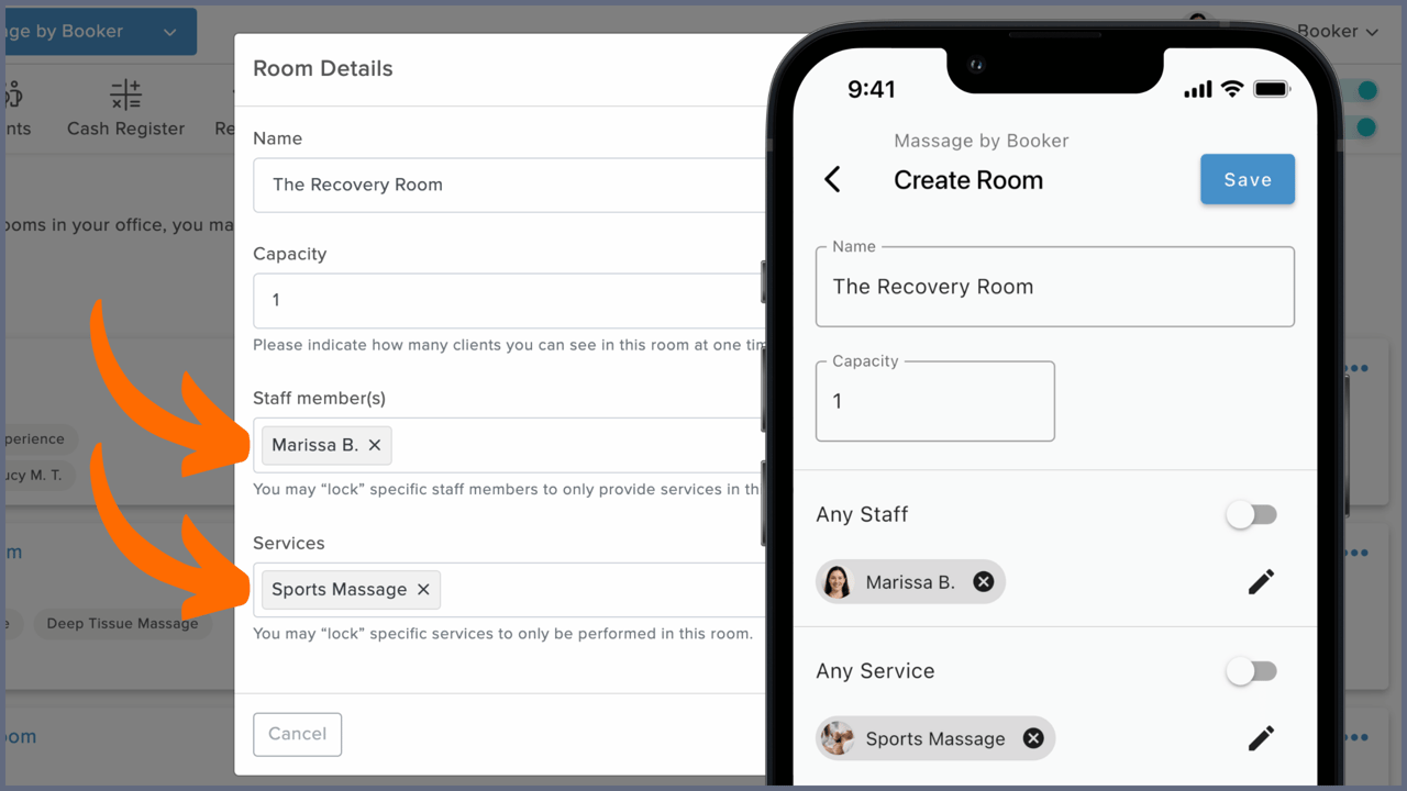 Desktop and mobile app screenshots of room locking setup