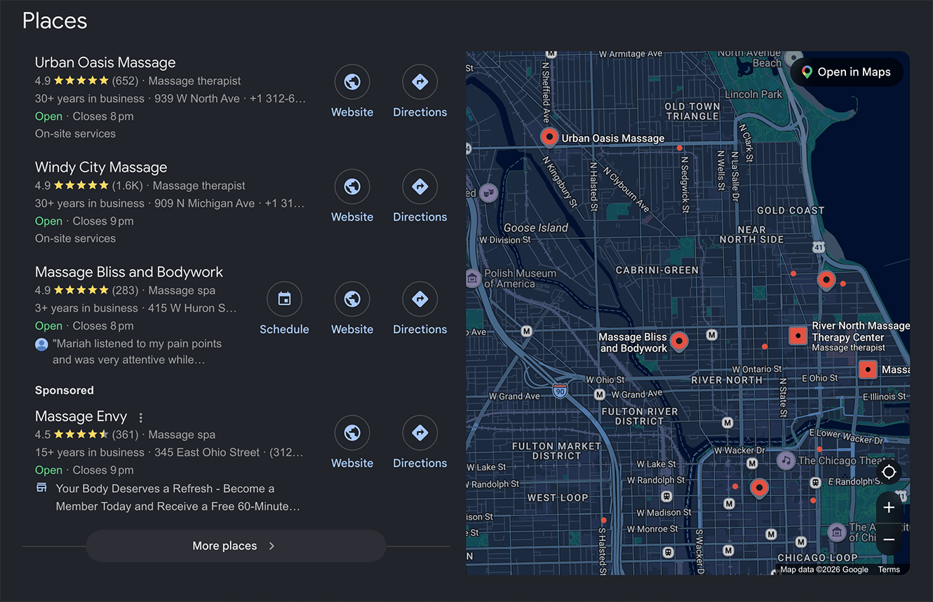 Screenshot of the Google map pack for the keyword “massage therapist in Chicago”