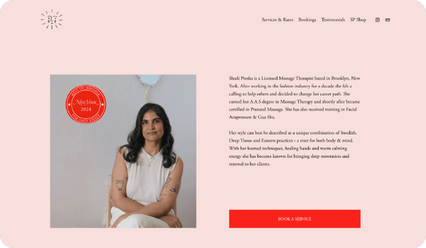 Screenshot of the Shadi Presha site, a massage therapist website made with Squarespace