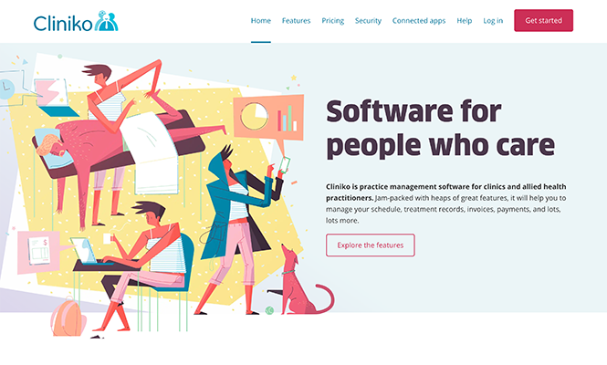 Screenshot of Cliniko’s homepage