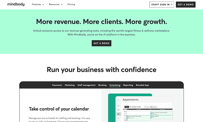Screenshot of Mindbody’s homepage