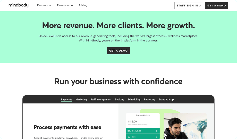Screenshot of Mindbody’s homepage