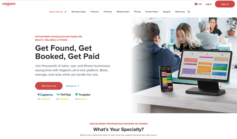 Screenshot of Vagaro’s homepage