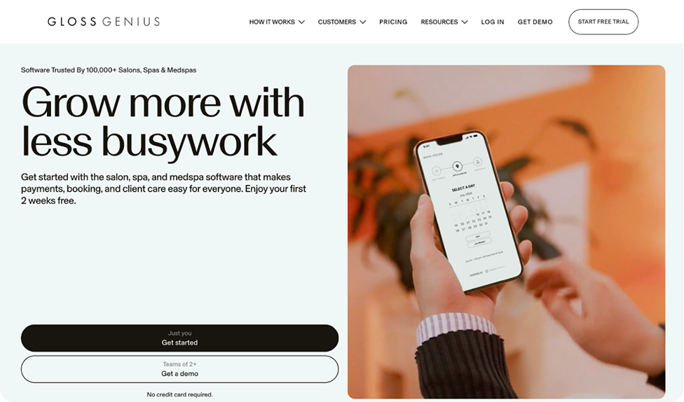 Screenshot of the GlossGenius homepage