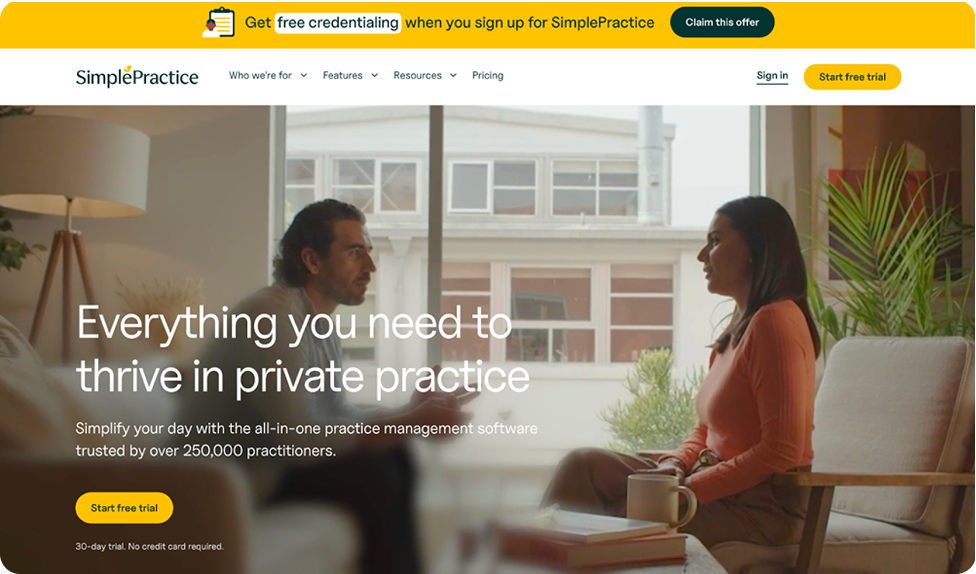 Screenshot of SimplePractice’s homepage