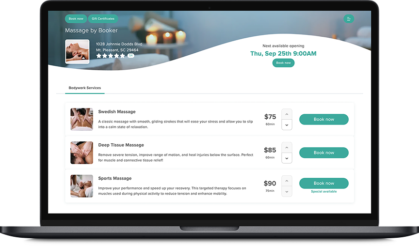 A MassageBook website on a laptop screen