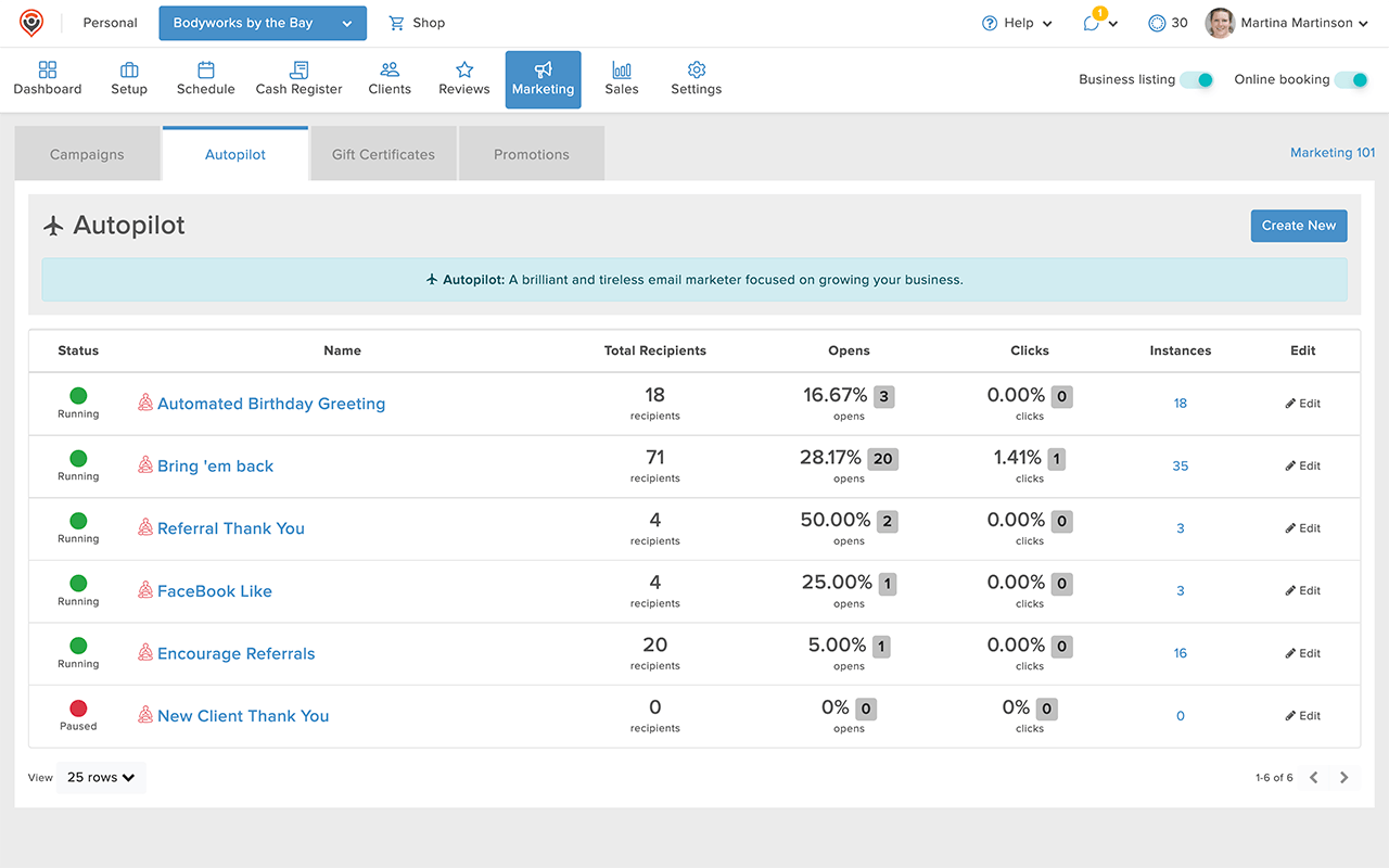 A screenshot of MassageBook's marketing features