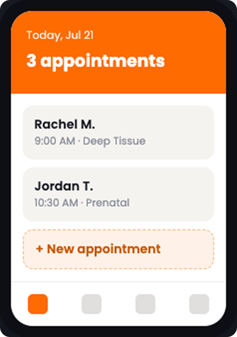 MassageBook Manager app showing today's appointments