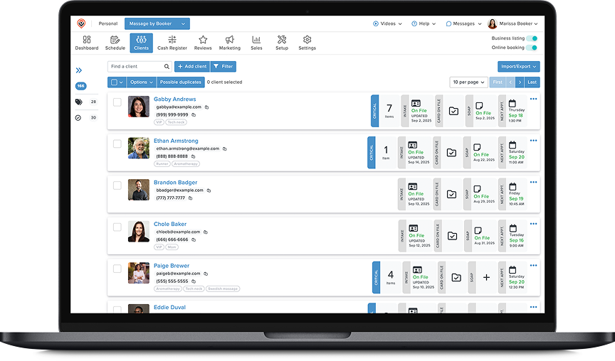 MassageBook’s client records feature on a laptop screen