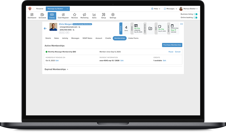 MassageBook’s client records feature on a laptop screen
