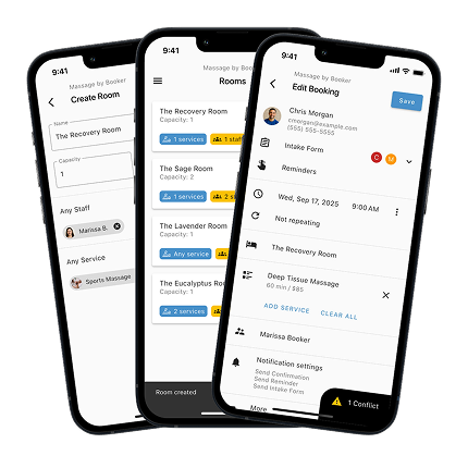 MassageBook's software interface shown on three mobile phones