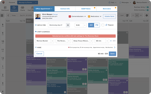 Screenshot of MassageBook's scheduling features